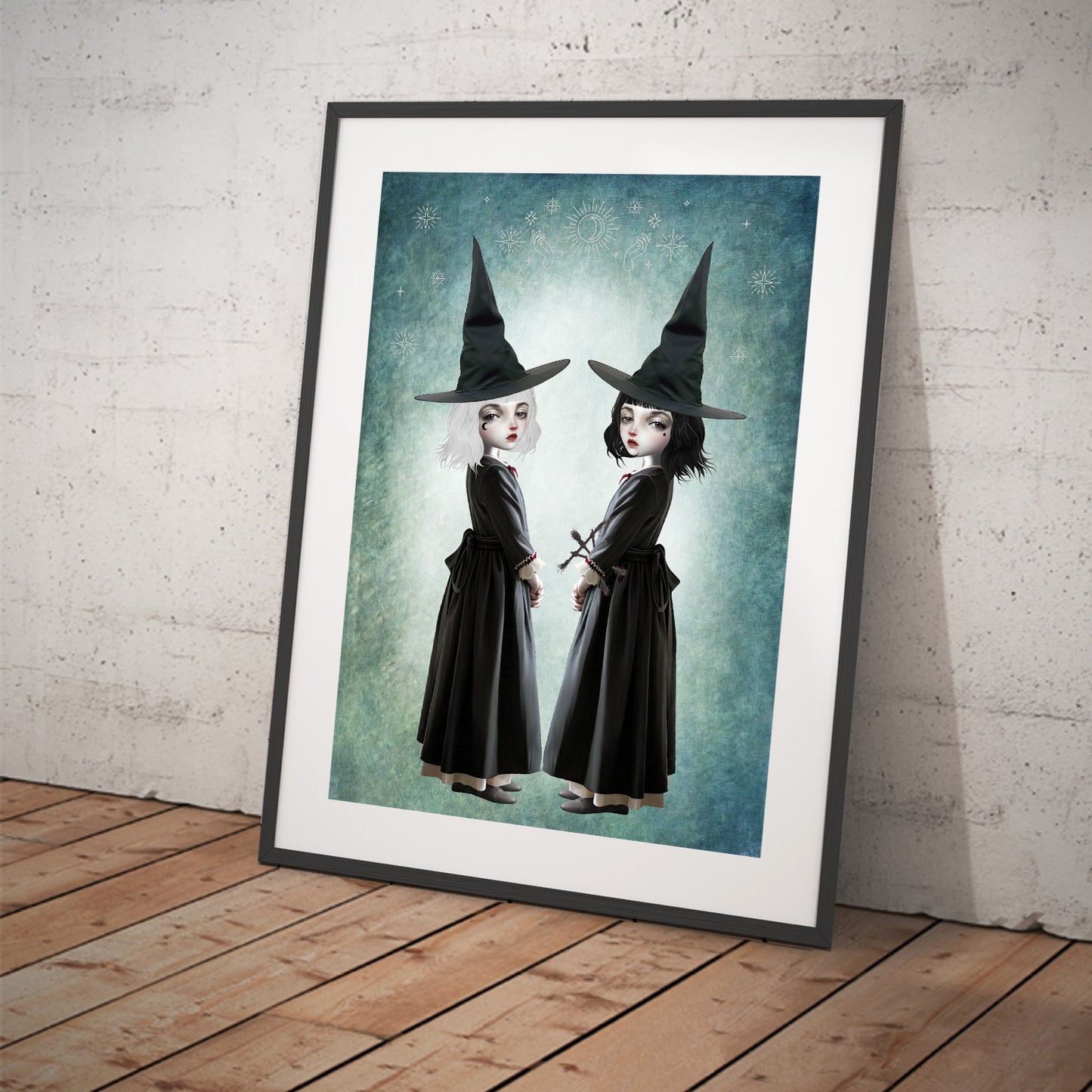 Witchy wall art print, featuring two spellbinding witches - one with a twynas.