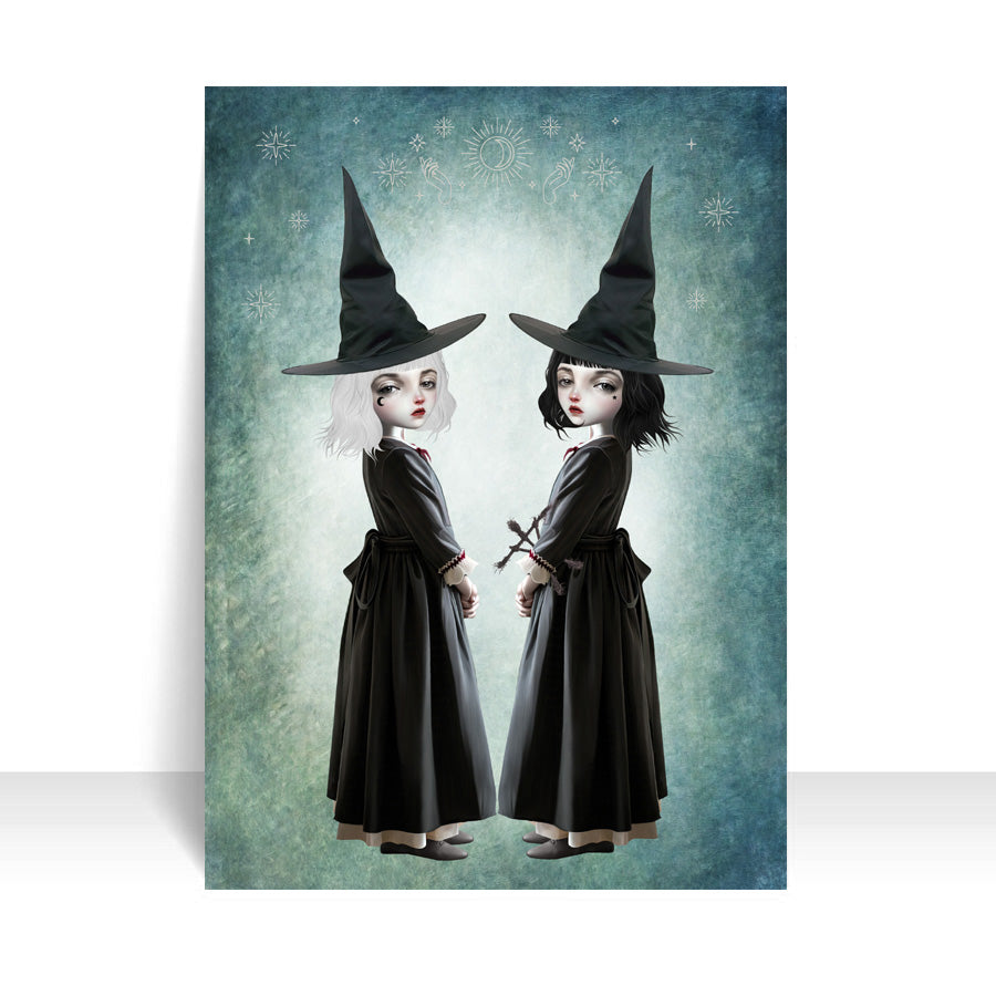 Witchy ACEO Card. Featuring two sister witches with unique personalities, one with a twynas