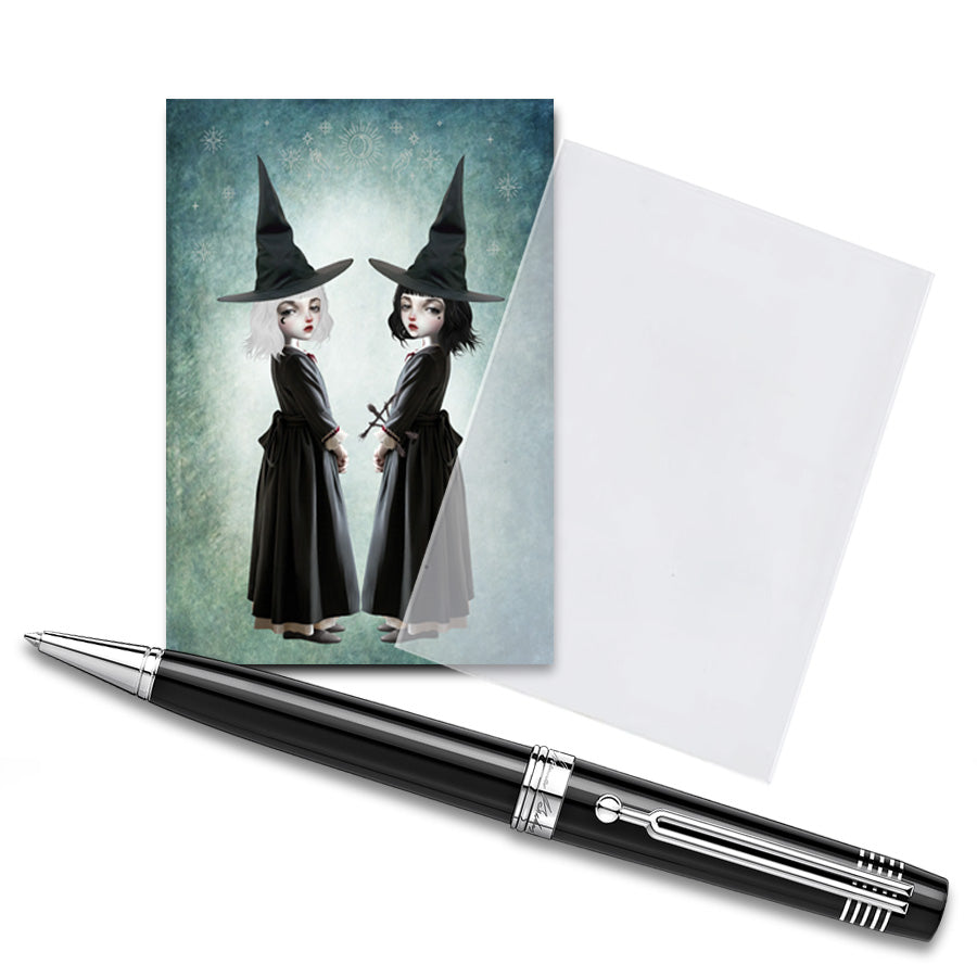  ACEO Artist Trading Card with plastic sleeve. Featuring two sister witches with unique personalities, one with a twynas