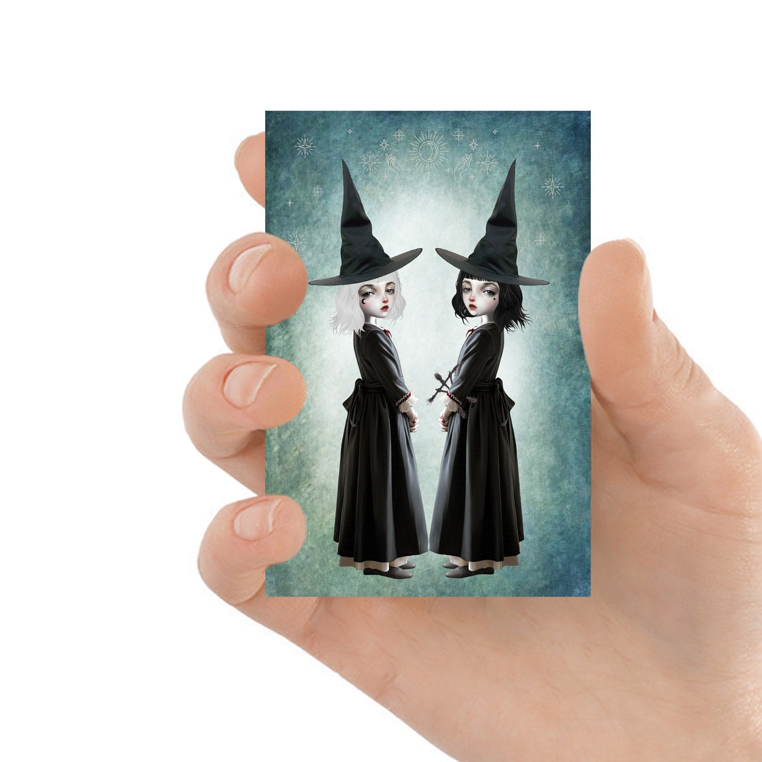Witchy Art ACEO  Card. Featuring two sister witches with unique personalities, one with a twynas
