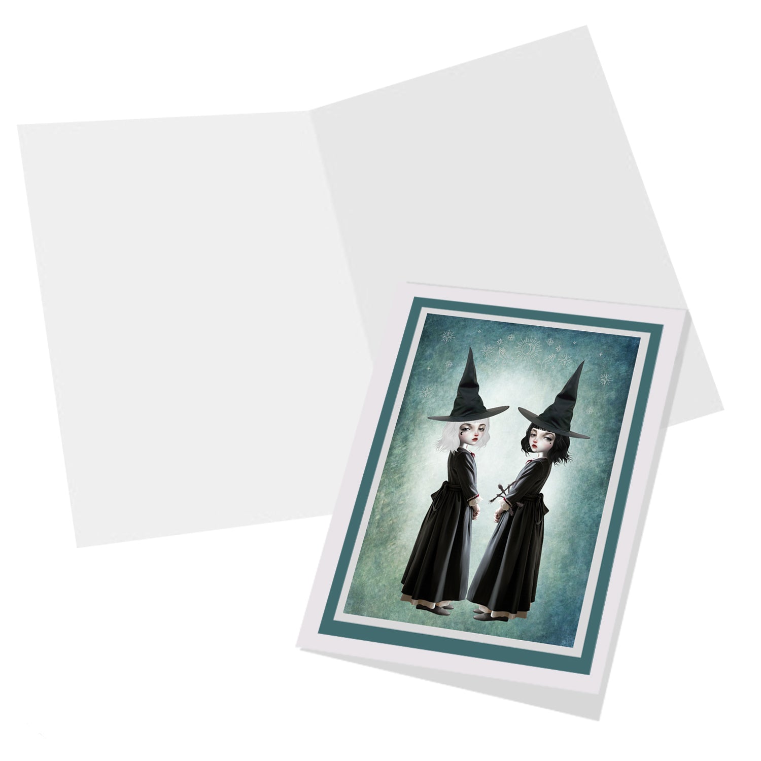 Witch sisters art greeting card blank inside, for your own personal message.