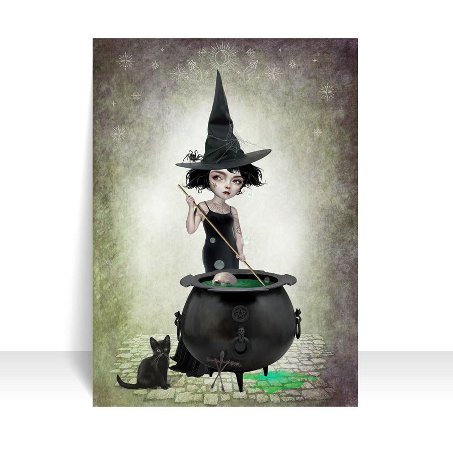 Whimsigoth ACEO artist trading card features a witch stirring her cauldron while her cat keeps her company.
