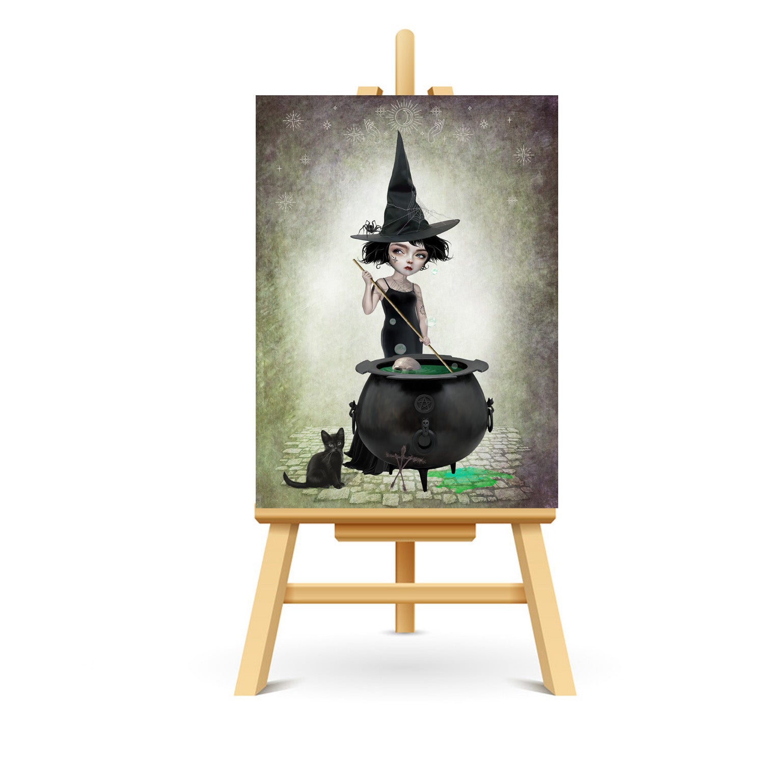 spooky ACEO artist trading card features a witch stirring her cauldron while her cat keeps her company.