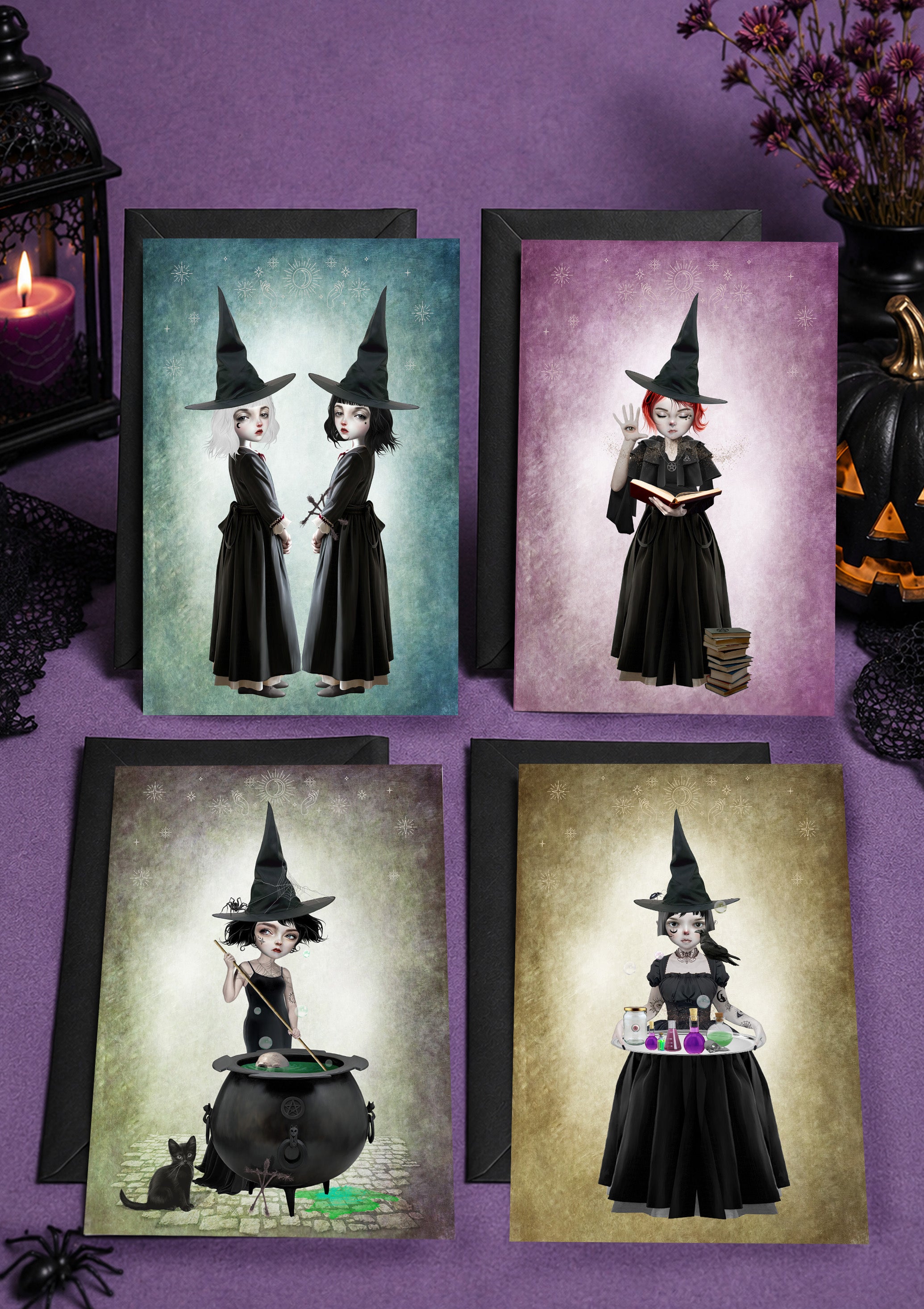 4 x witchy themed art cards set.