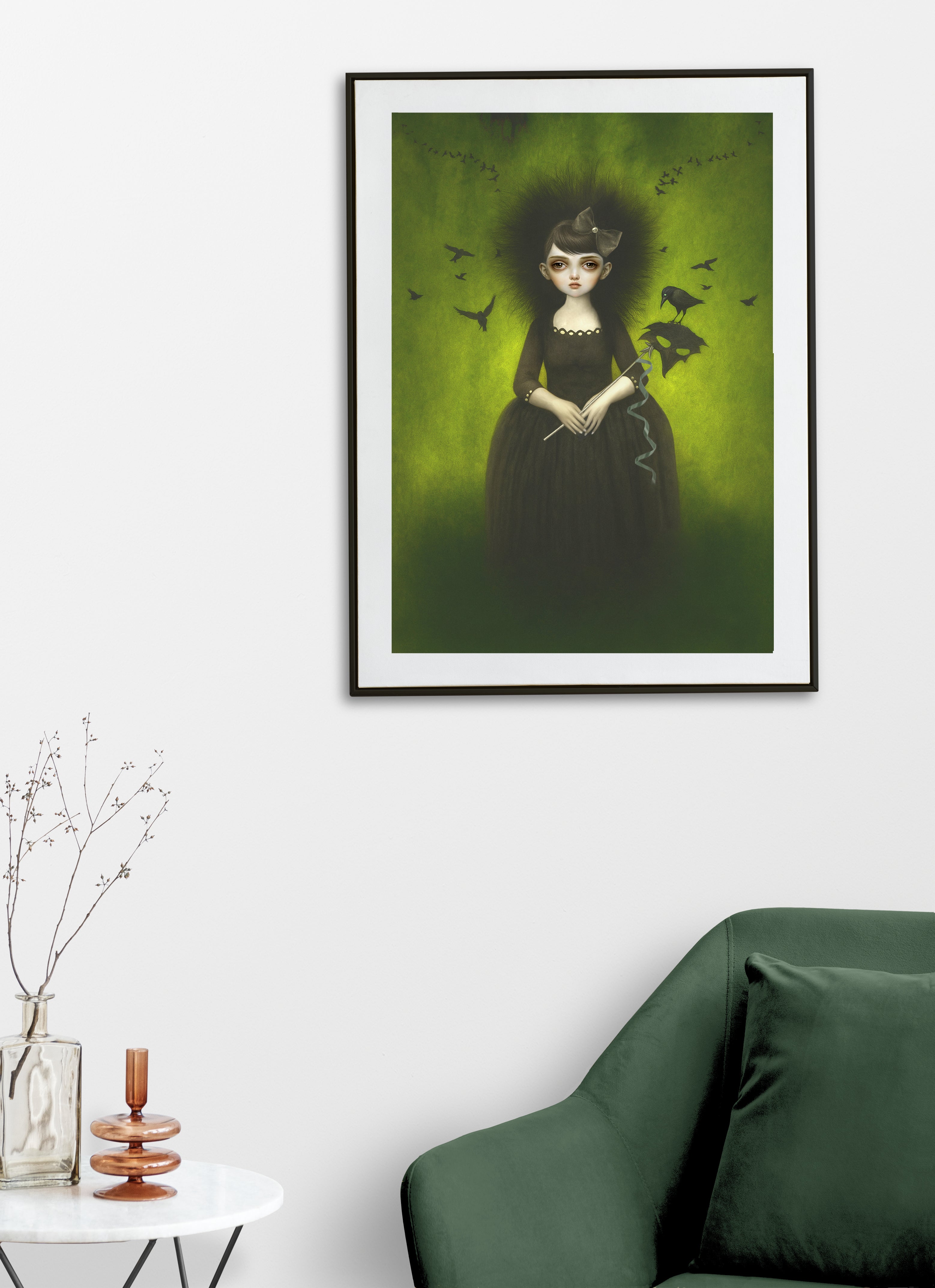 Emerald green gothic art print featuring mysterious girl surrounded by crows.