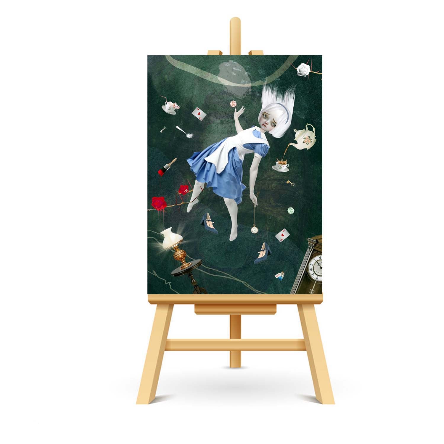 Wonderland ACEO artist trading card. Featuring Alice falling down the rabbit hole.