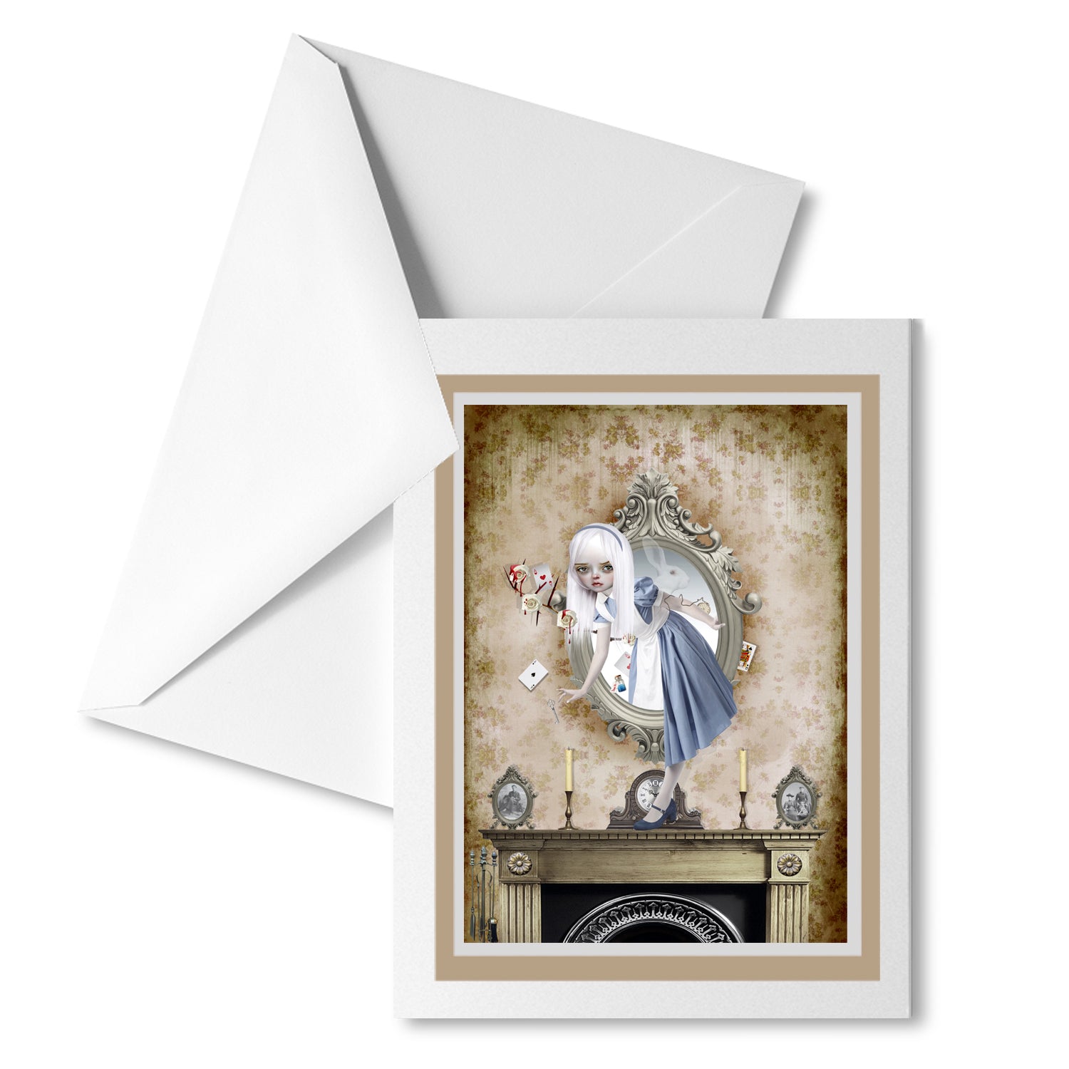 Alice In Wonderland themed greeting card. Featuring Alice stepping through the Looking Glass and back into her own world.