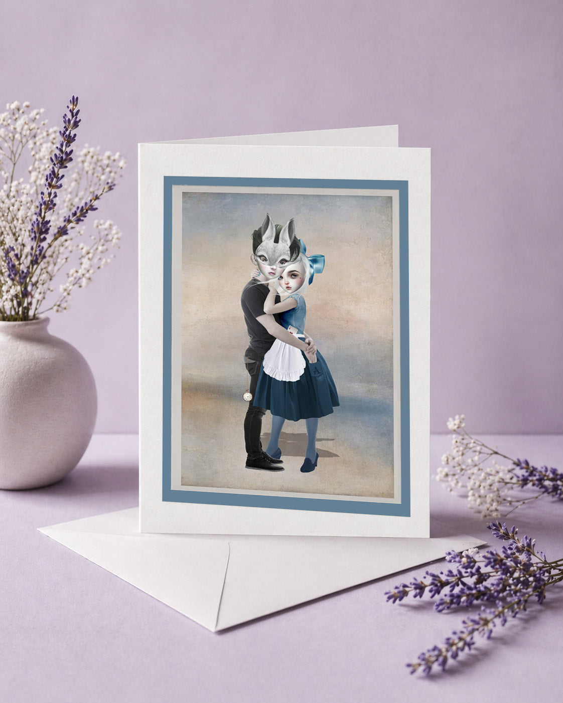 Wonderland Romance Art Greeting Card featuring a fairytale romance of Alice And Rabbit.