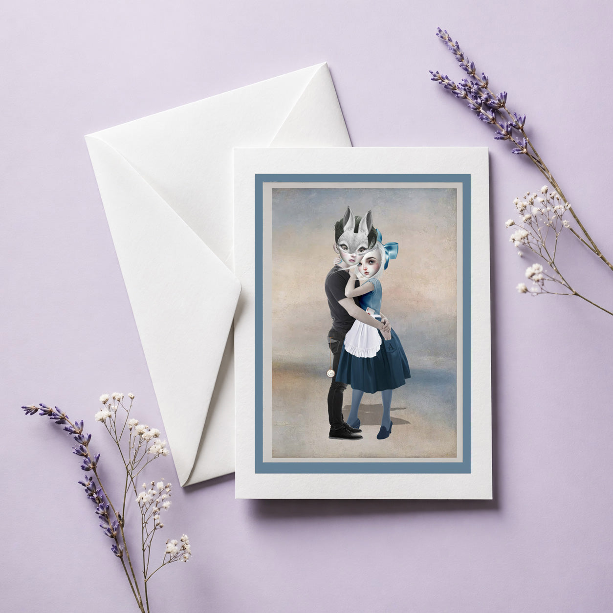 Greeting card with a stylized illustration of Alice & Rabbit, accompanied by a white envelope on a light purple background.