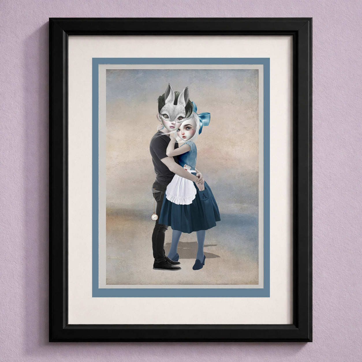 Framed art greeting card of a stylized illustration of Wonderland Alice & Rabbit on a purple wall.
