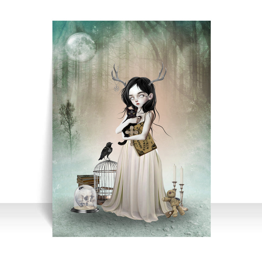 Whimsigoth ACEO Art . A mysterious girl they call the woodland oracle carries a Ouija board and gothic items, making her the perfect oracle of the forest.