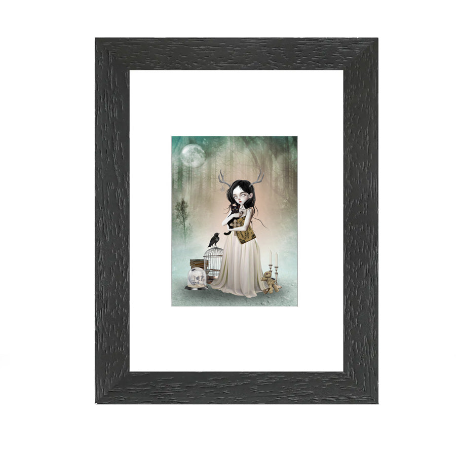 Framed ACEO Art . A mysterious girl they call the woodland oracle carries a Ouija board and gothic items, making her the perfect oracle of the forest.