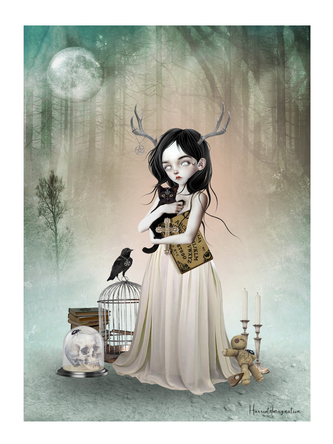 Mystical Girl adorned with antlers and surrounded by a crow, black cat, ouija board, skull, and other gothic objects in the forest. She is known as the Woodland Oracle.