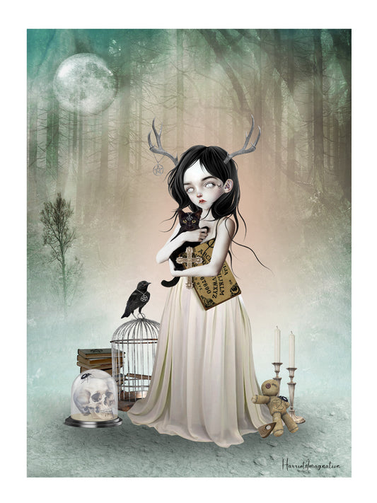 Mystical Girl adorned with antlers and surrounded by a crow, black cat, ouija board, skull, and other gothic objects in the forest. She is known as the Woodland Oracle.