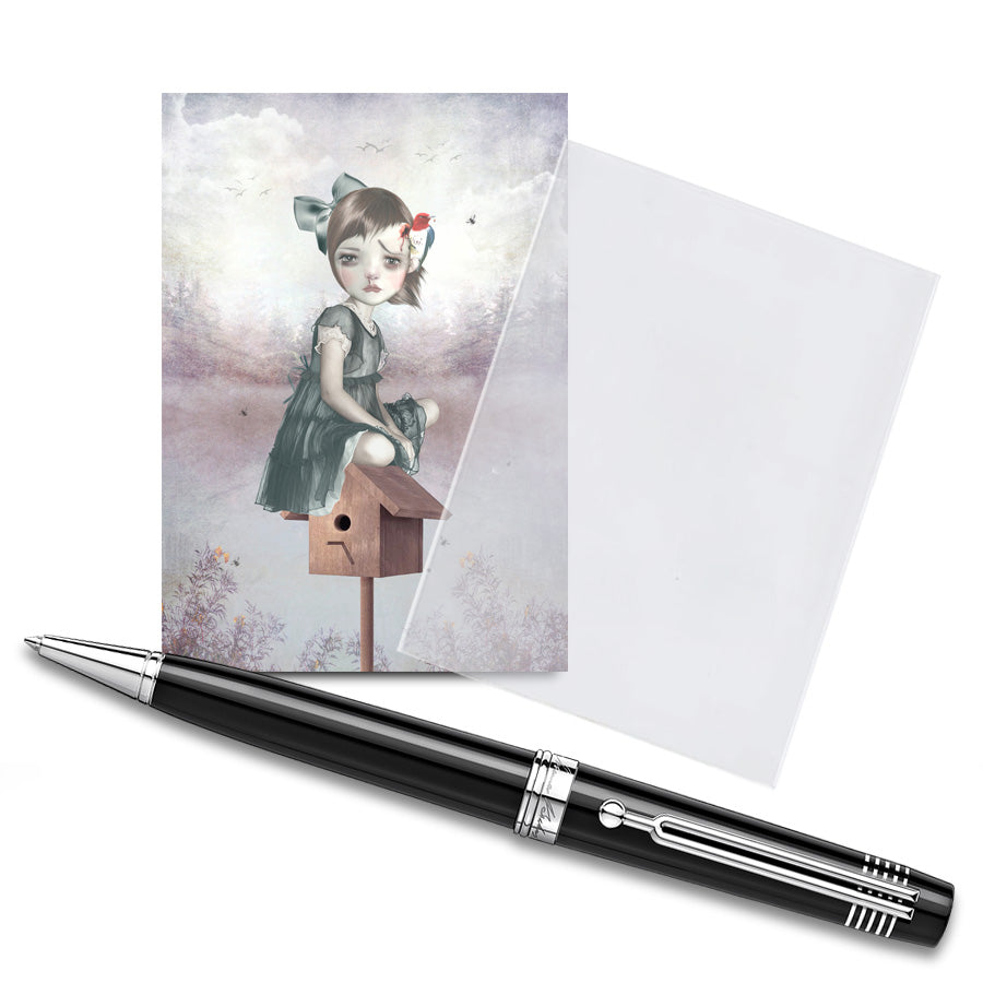 ACEO card featuring a surreal art print of a girl and woodpecker, placed in a protective sleeve with a pen display for a stylish, artistic presentation.