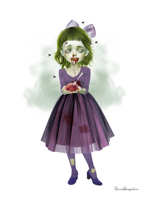 A creepy cute art print featuring a zombie girl and brain, displayed without a frame.