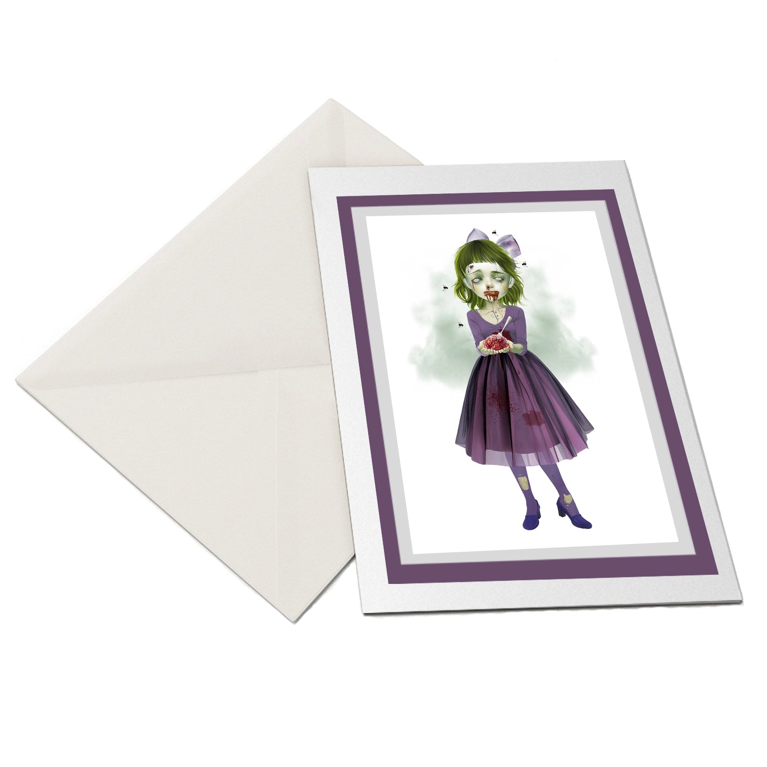 The flat-lay of the zombie girl and brain greeting card and matching envelope is ideal for any occasion.