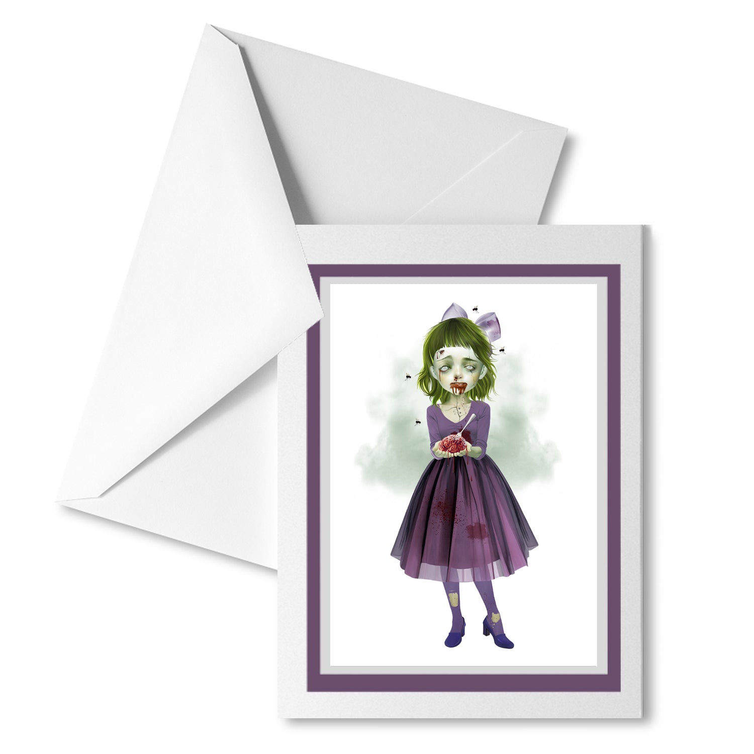 Zombie Girl  And Human Brain greeting card with matching envelope, perfect for sending a dark, whimsical message.