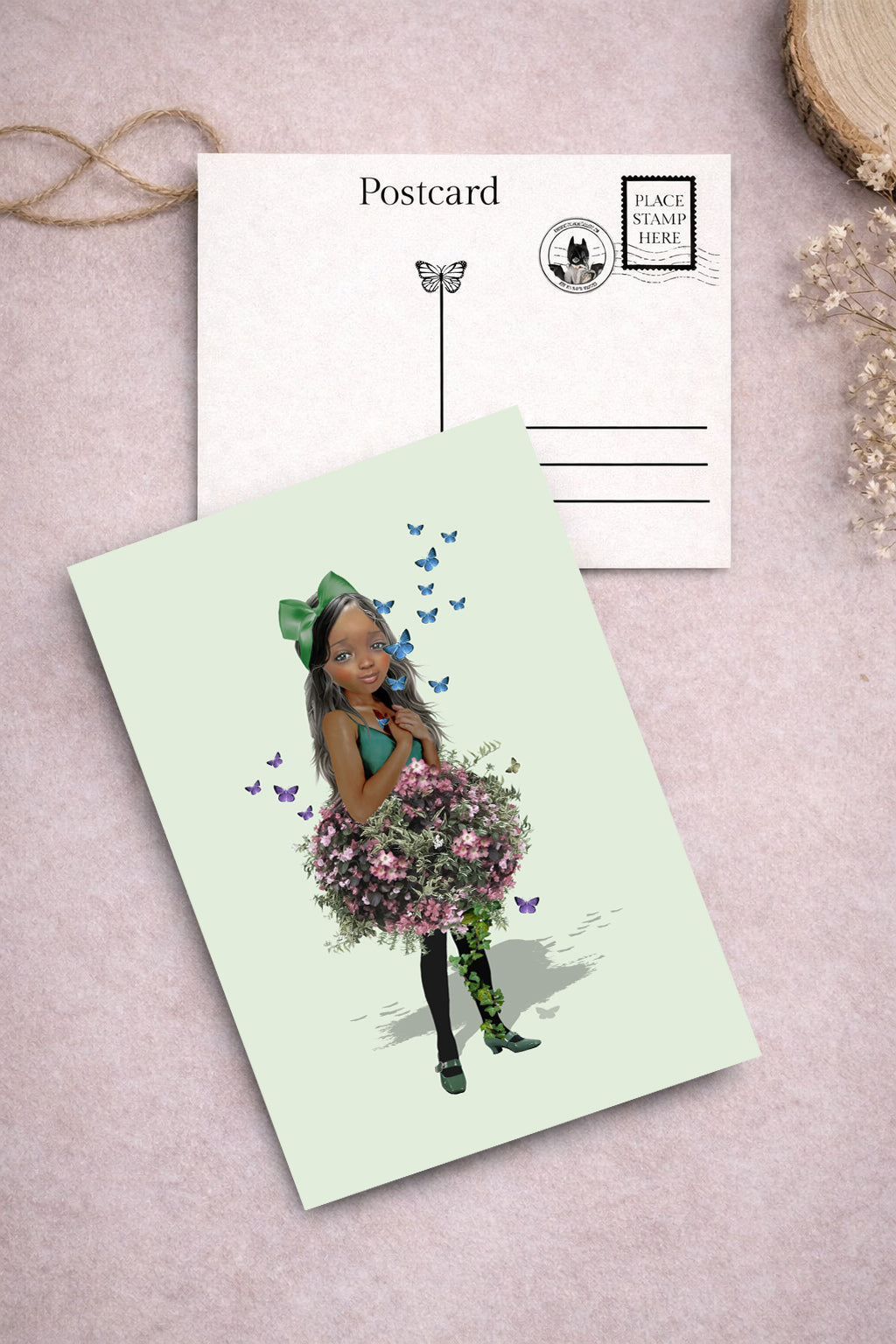 black floral girl with butterflies art postcard from Butterfly girl art postcard set.