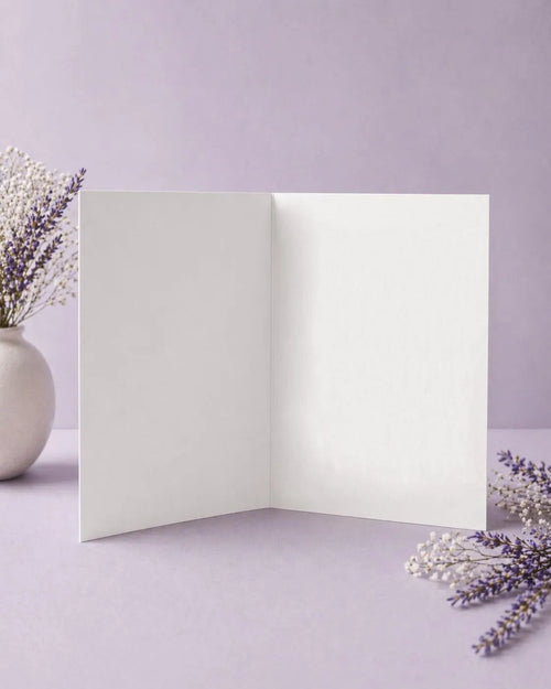 Open white card on blank ready for your personal message on a light purple background with lavender flowers.