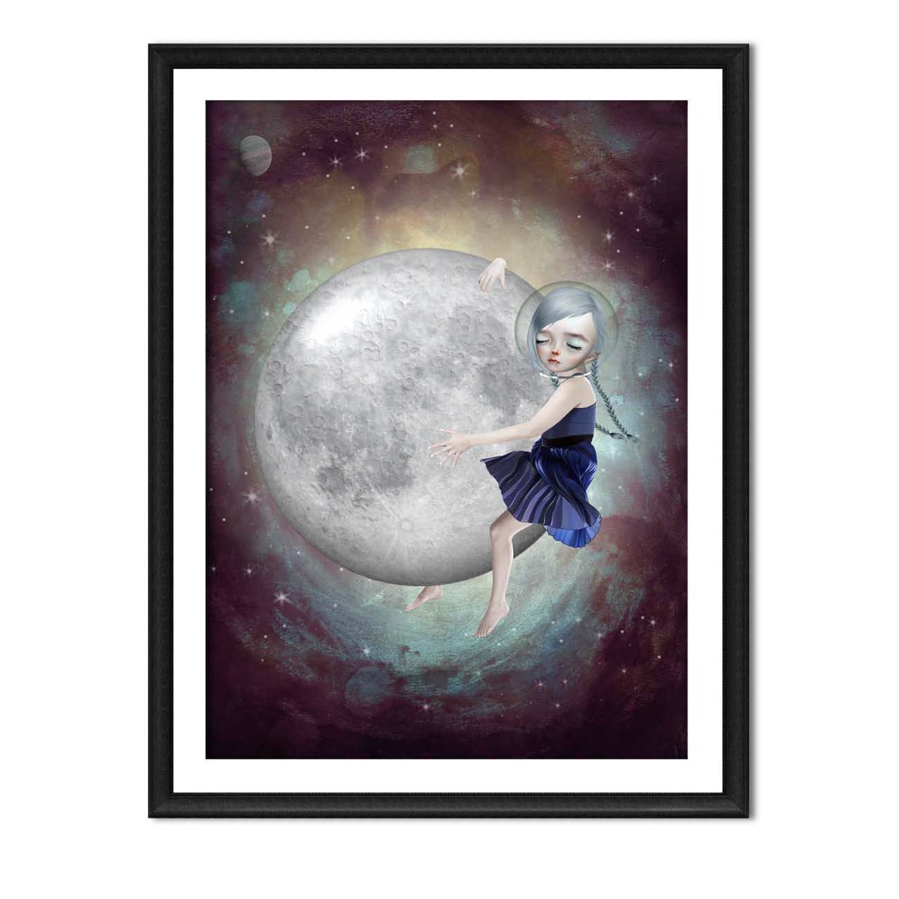 Celestial moon girl wall art in black frame featuring dreamy cosmic galaxy background and moon illustration