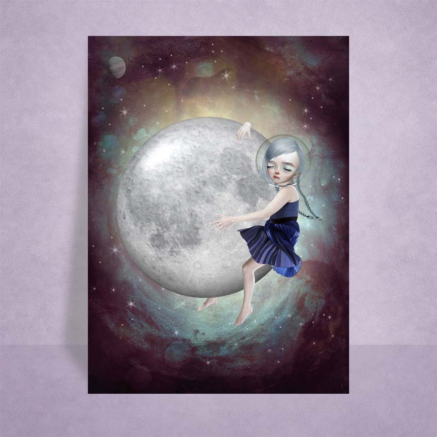 Cosmic Moon Girl ACEO print with dreamy moon child illustration surrounded by stars and galaxy tones