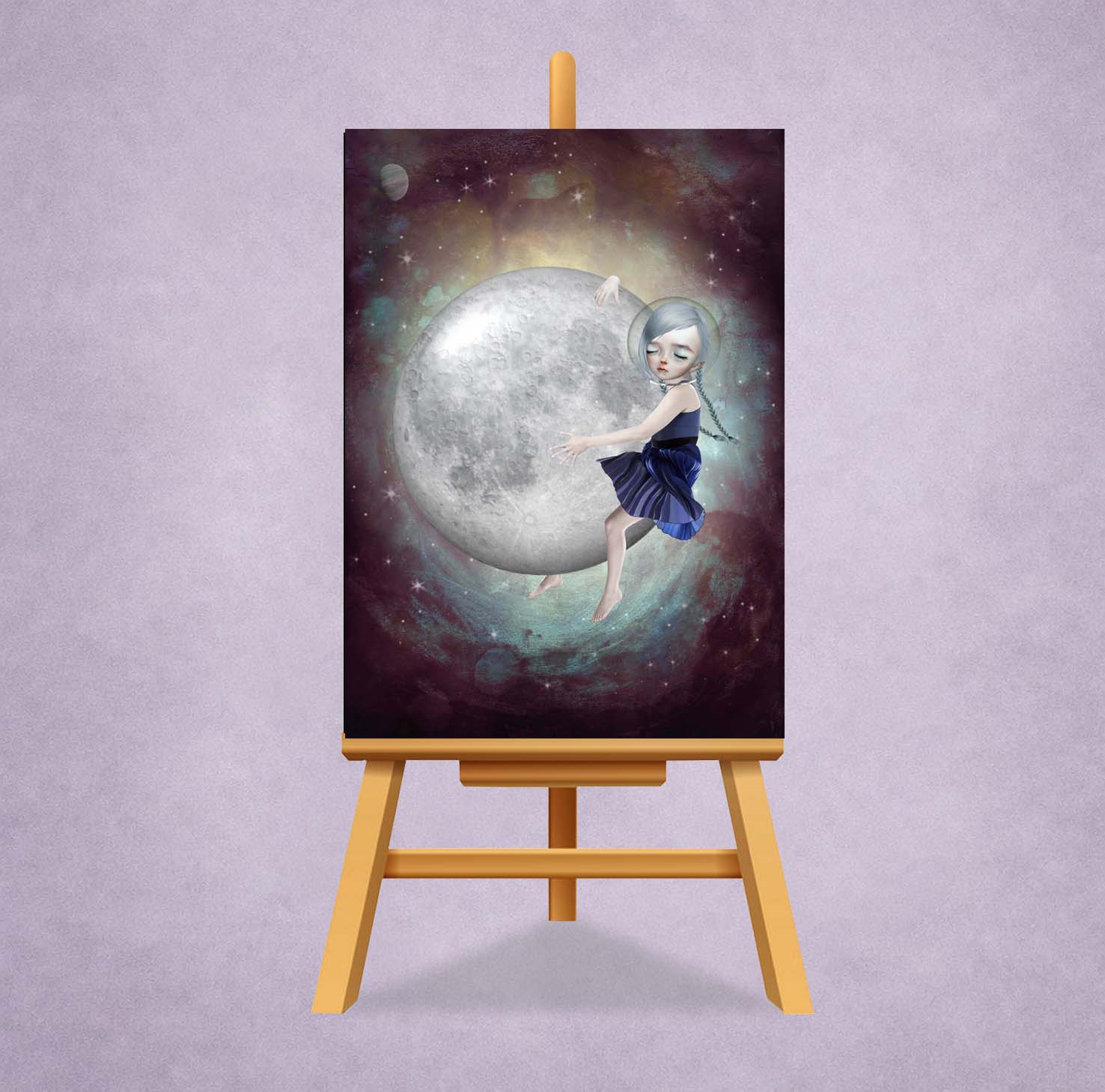 Cosmic Moon Girl ACEO fantasy miniature print displayed on easel featuring celestial moon and starry galaxy artwork