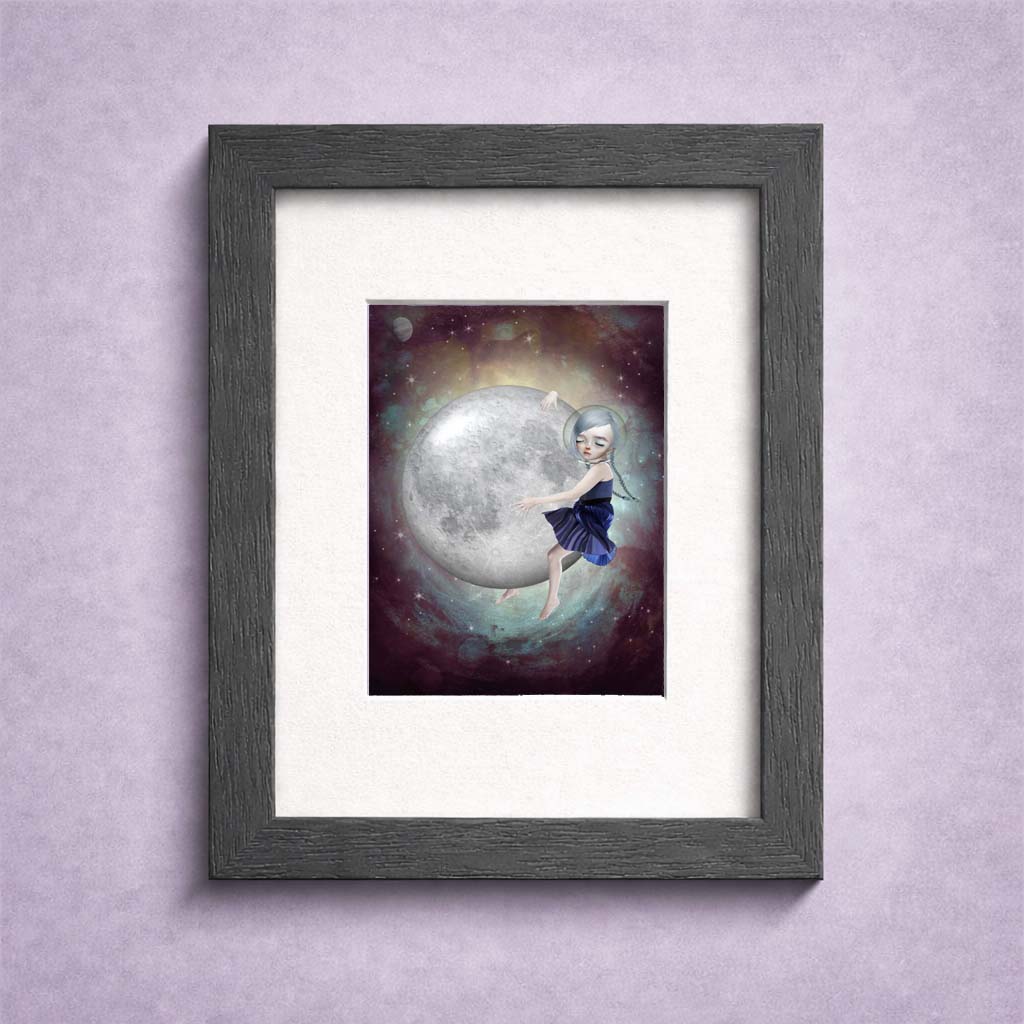Framed Cosmic Moon Girl ACEO miniature print featuring a celestial girl hugging the moon in dreamy fantasy space art