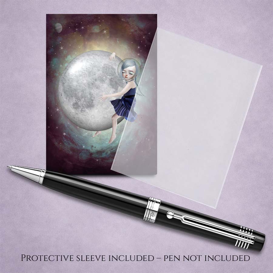 Cosmic Moon Girl ACEO miniature print with protective sleeve included for collectible art card storage