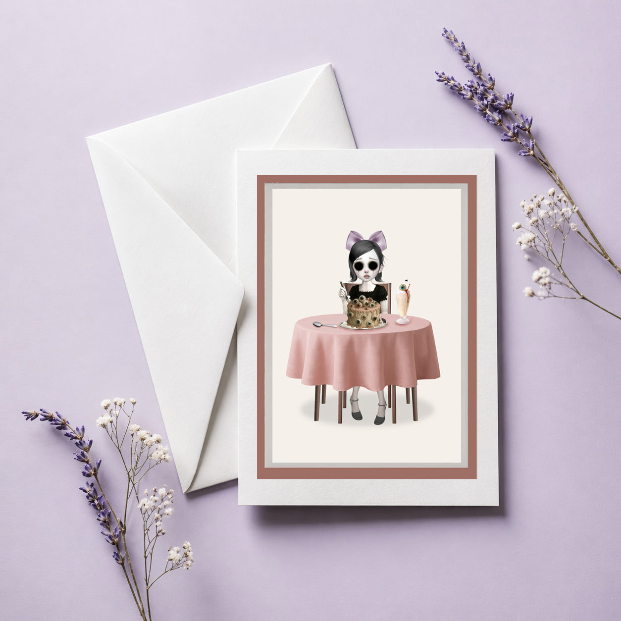 Greeting card of a creepy cute eyeless girl sitting at a table with an eyeball cake, accompanied by a white envelope and decorative elements on a light purple background.