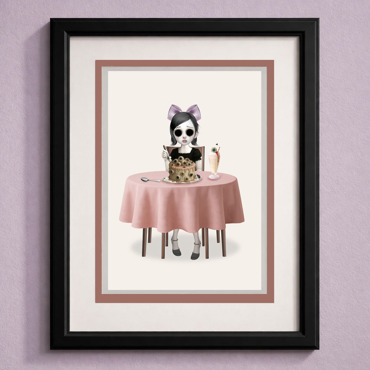 creepy cute eyeball art greeting card framed on white background.