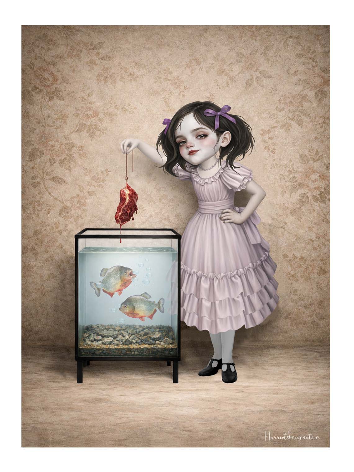Creepy cute art print of a quirky girl with purple hair bows feeding raw meat to two piranhas in a glass tank against a vintage floral wallpaper background.