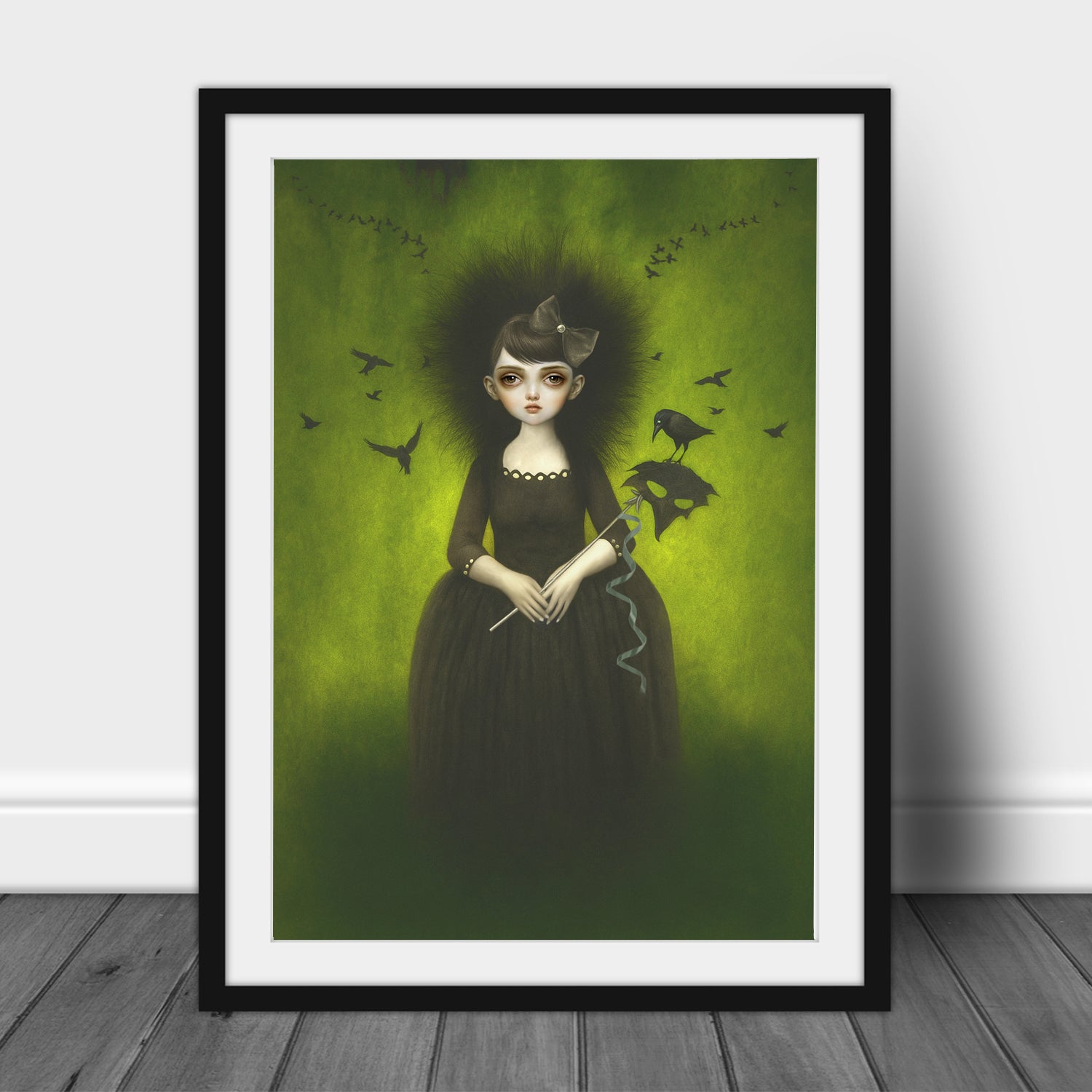 Gothic wall decor with eerie crow girl and moody green tones in black frame