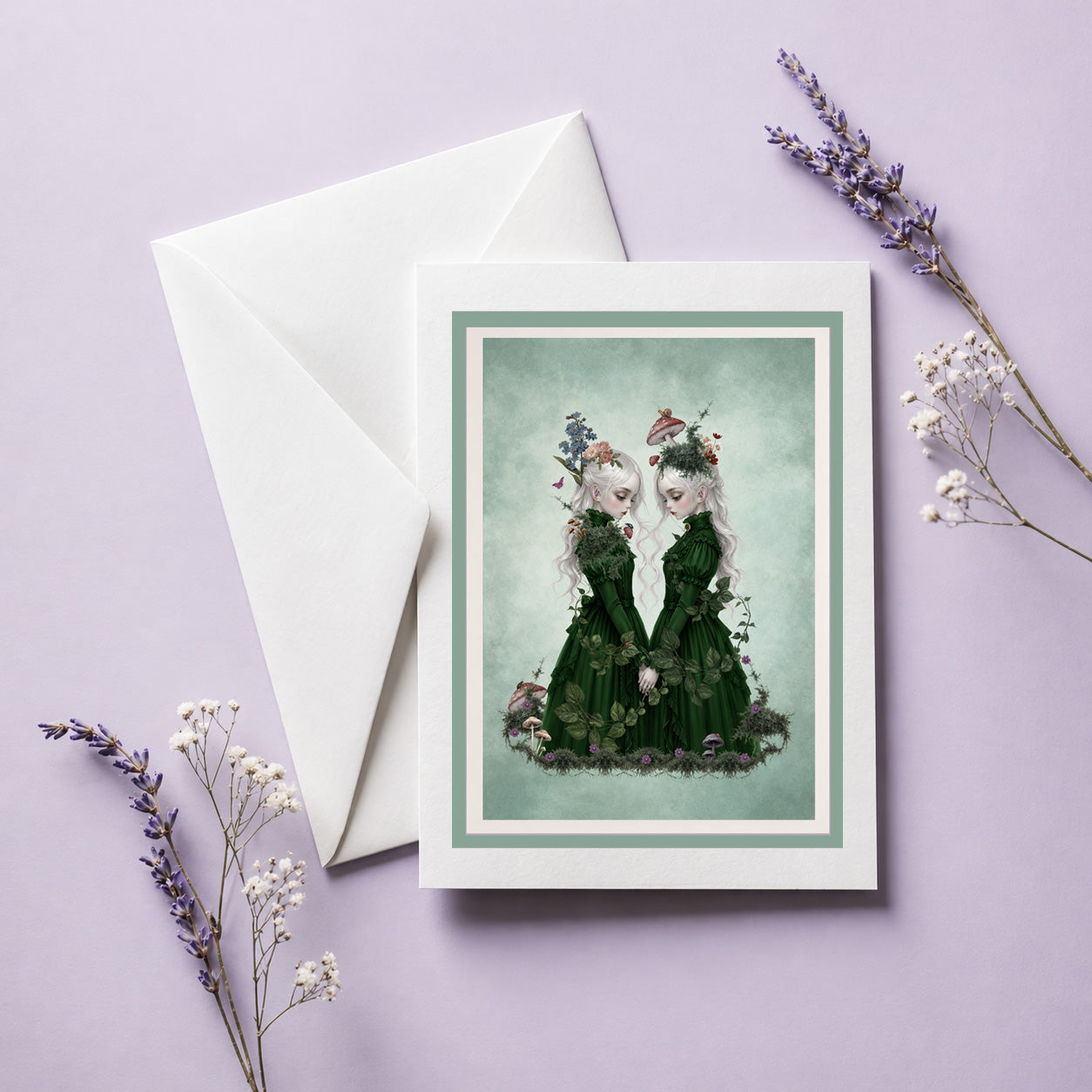 A blank dark cottagecore art greeting card & envelope featuring ethereal twin girls, displayed next to a white envelope and lavender sprigs, perfect as a ready to frame miniature print.