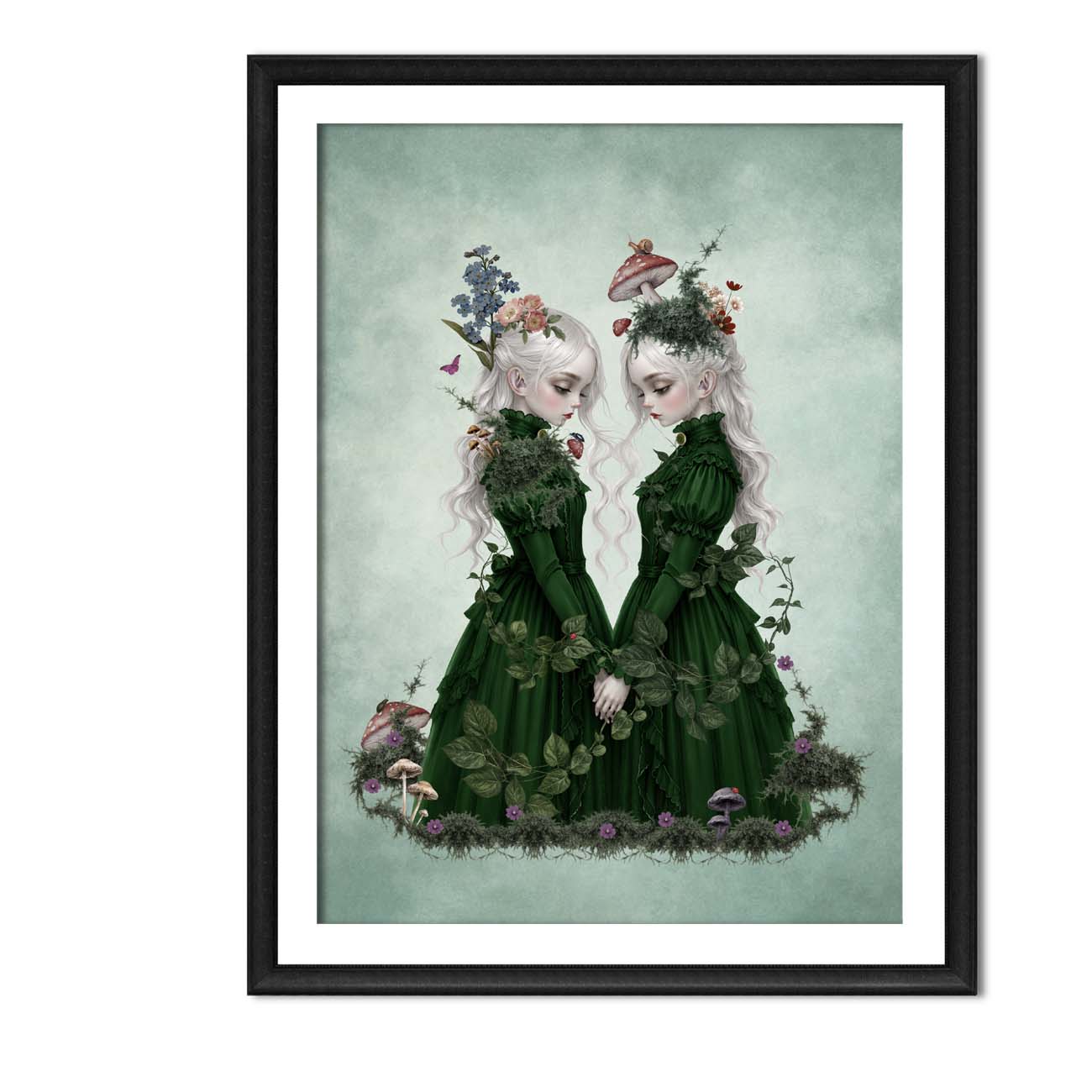 An A4 Framed Art print features two ethereal twin girls with long white hair wearing dark green Victorian dresses, holding hands amidst moss, mushrooms, and forget-me-nots in a dark cottagecore fantasy art print.