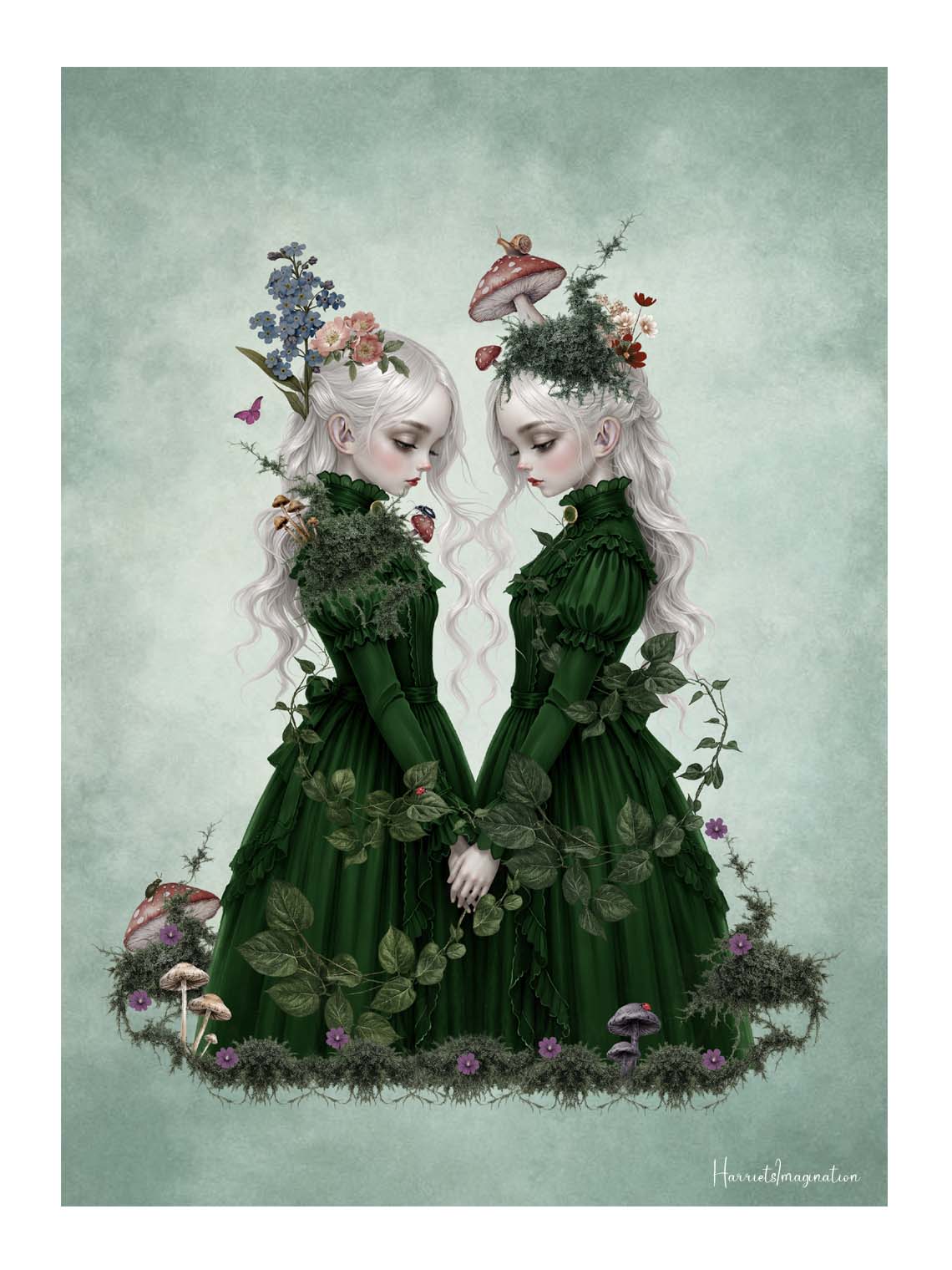 Art print features two ethereal twin girls with long white hair wearing dark green Victorian dresses, holding hands amidst moss, mushrooms, and forget-me-nots in a dark cottagecore fantasy art print.