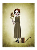 Dark romance surreal art print titled He Loves Me He Loves Me Not, featuring a redhead girl in an olive dress holding a flower with a man’s face.