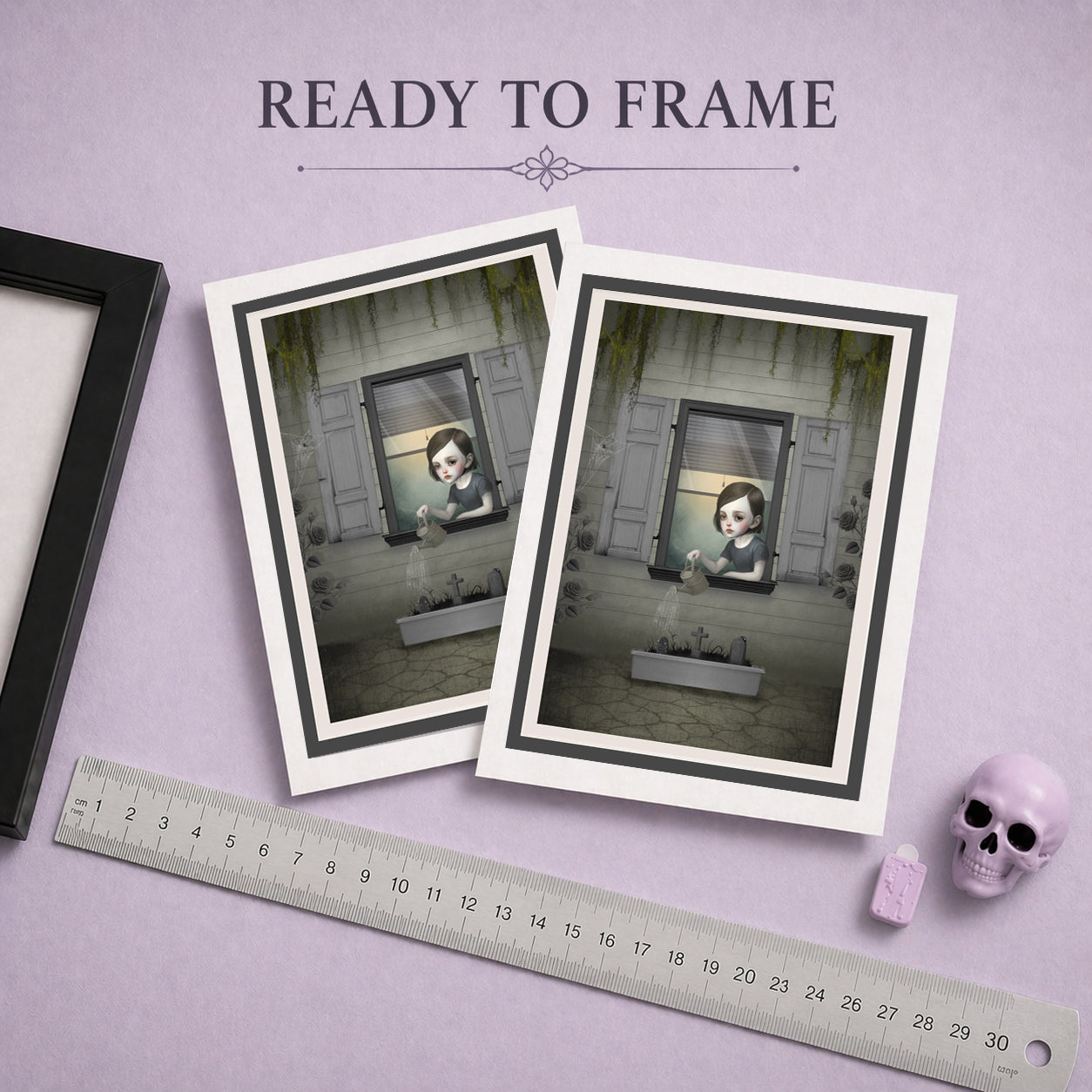 Ready to frame dark surrealism girl window greeting card and creepy cute gothic note card of a gothic girl watering graves.