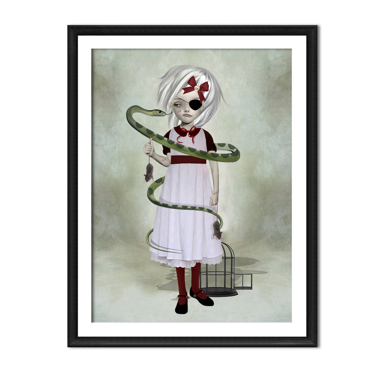 Framed lowbrow art print of a gothic eyepatch girl wrapped with a green snake and holding mice against a muted background.