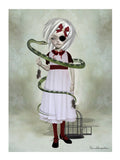 Surreal gothic girl art print featuring a black eyepatch, green snake, white dress and dark whimsical aesthetic.