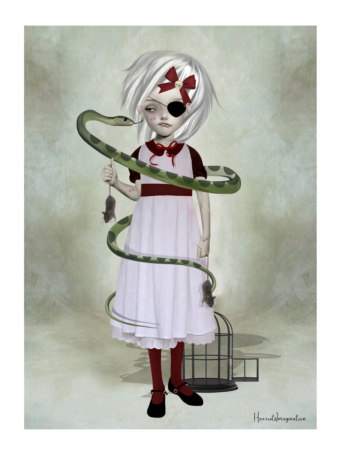 Surreal gothic girl art print featuring a black eyepatch, green snake, white dress and dark whimsical aesthetic.