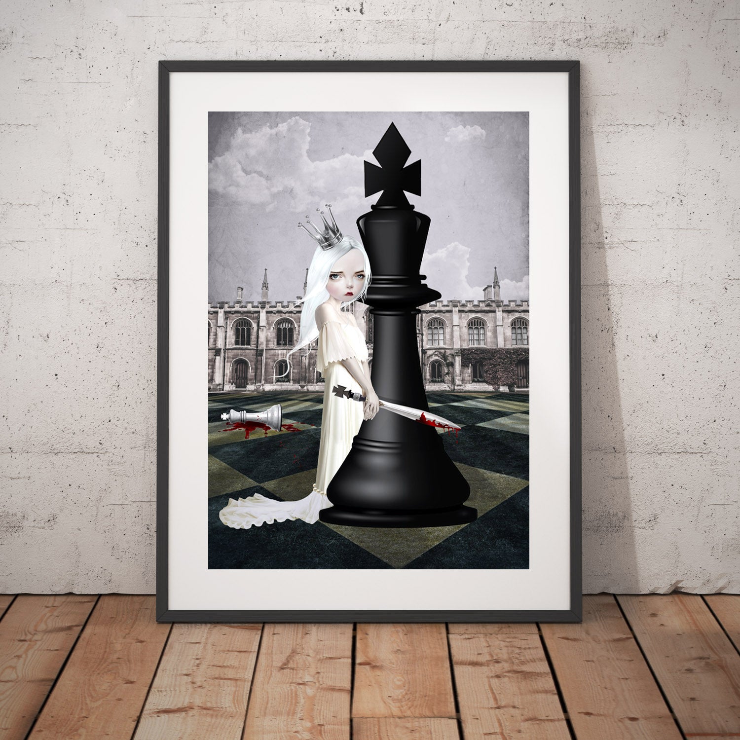dark whimsical Art Print. A powerful white queen, wielding a sword, betrays her kingdom and shows her loyalty to the black king chess piece.