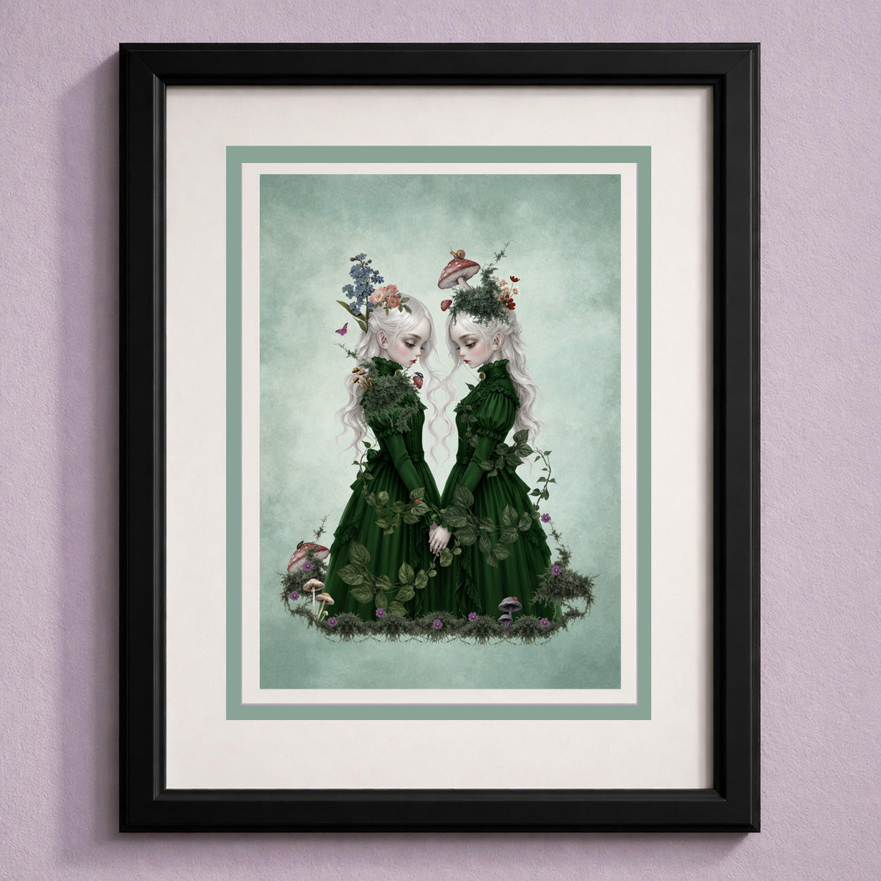 A framed dark cottagecore art greeting card featuring ethereal twin girls, displayed next to a white envelope and lavender sprigs, perfect as a ready to frame miniature print.