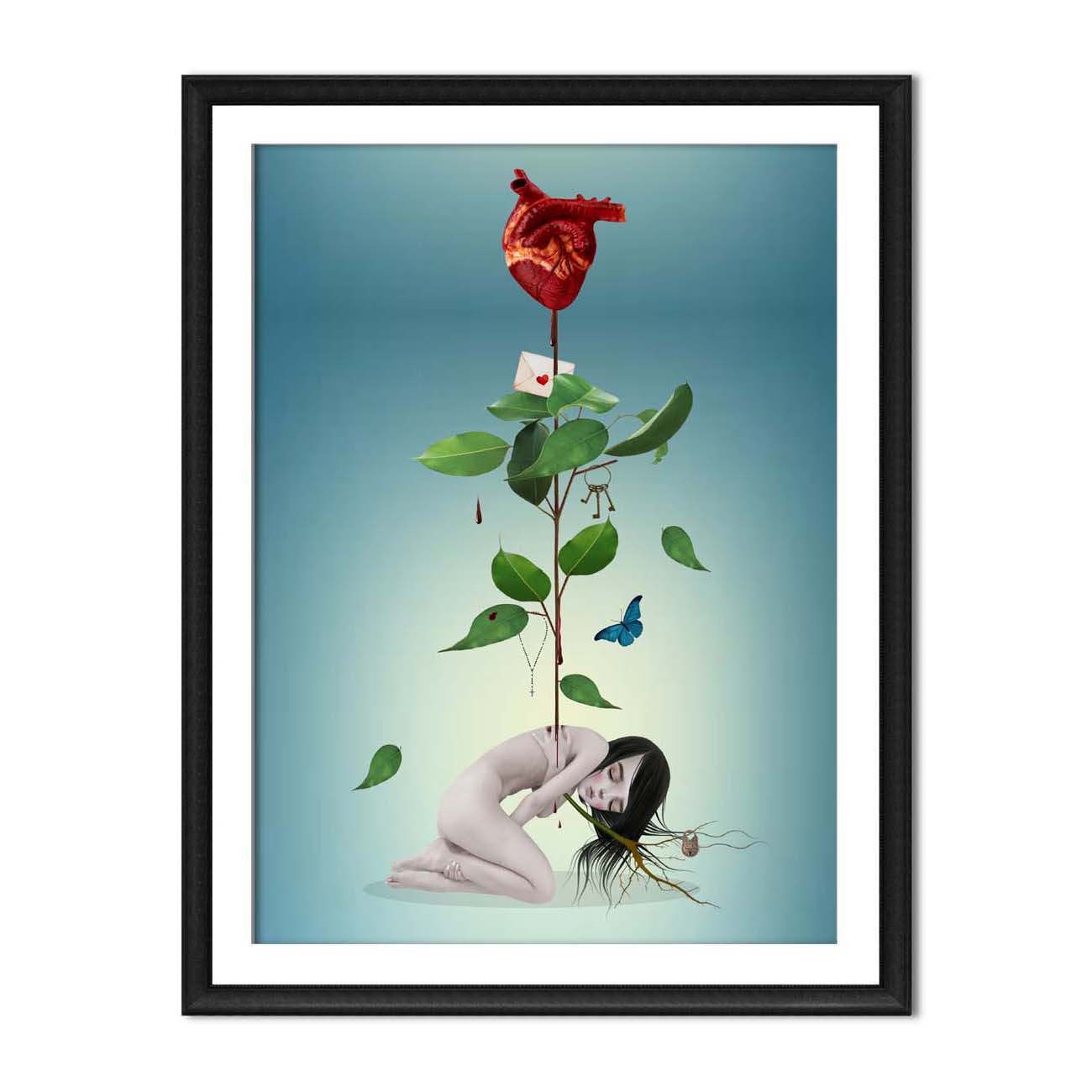 Framed surreal gothic wall art featuring an anatomical heart, botanical branches, butterfly, and resting feminine figure on a soft blue background.