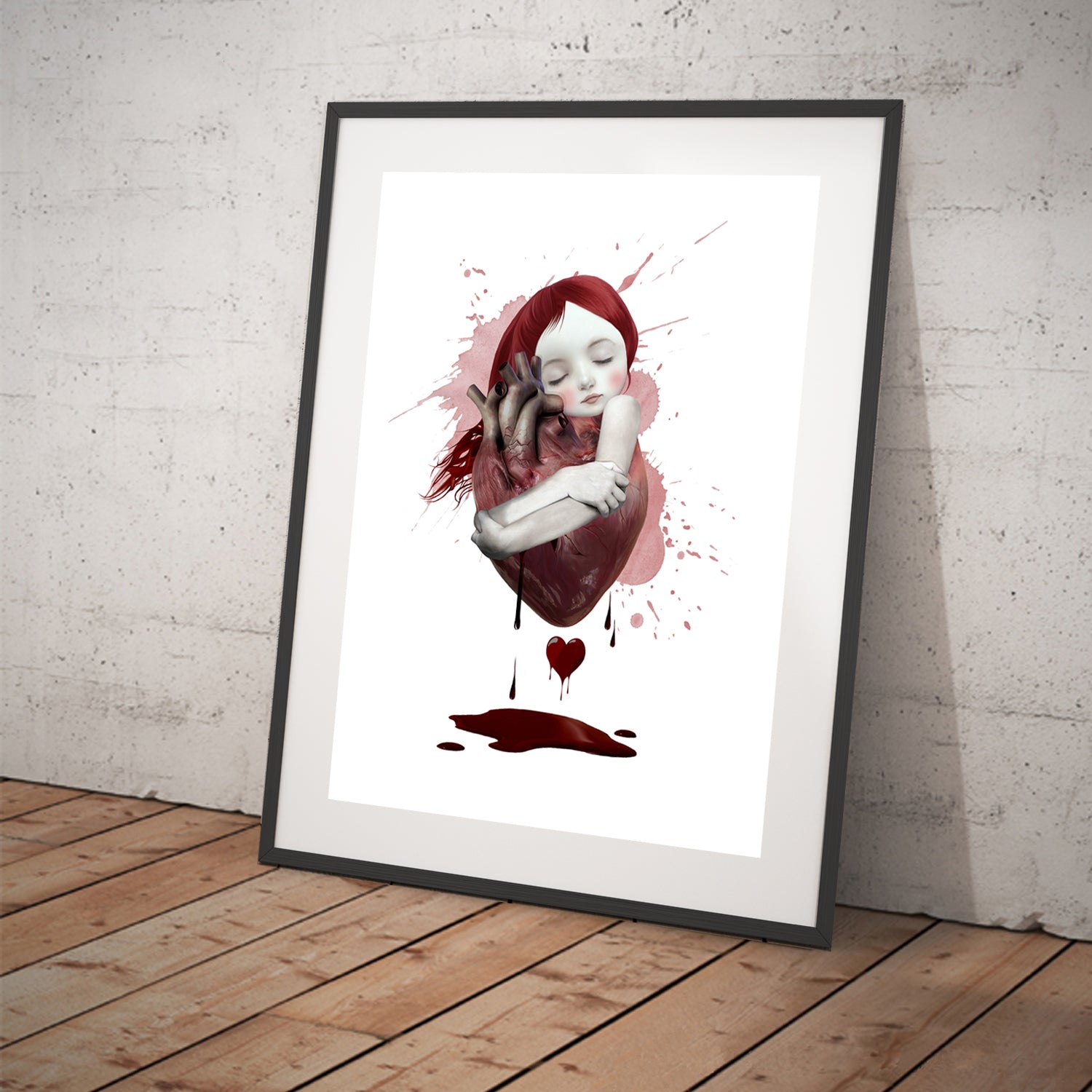 Bleeding Heart Art Print featuring a young girl hugging an oversized, bloody anatomical heart.