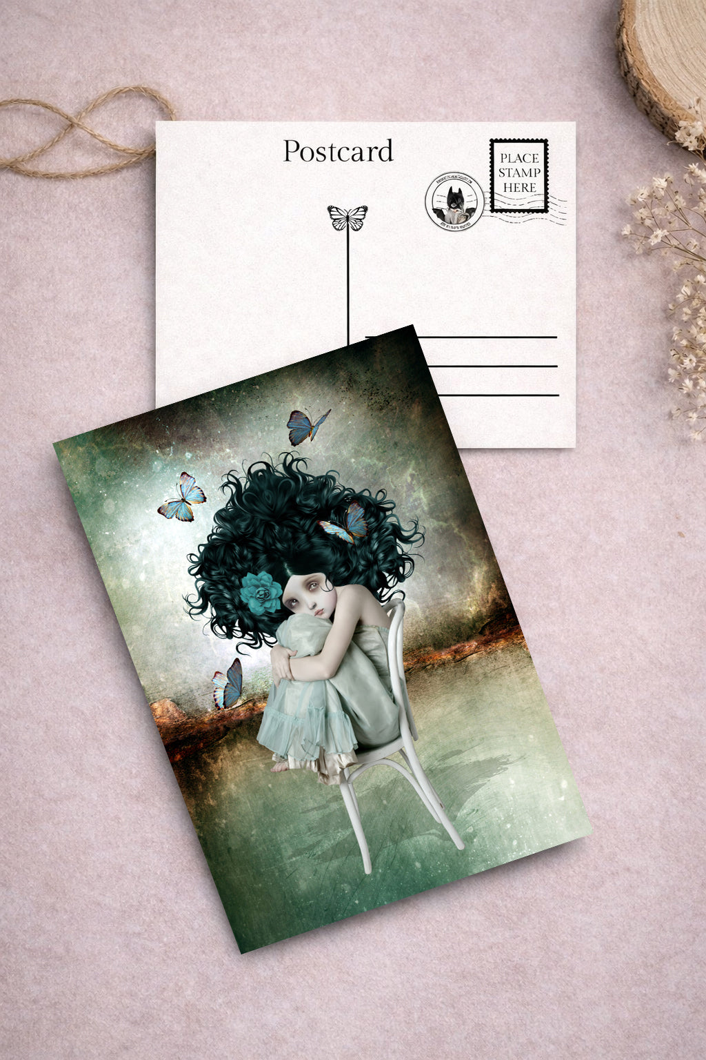 girl with curly hair surrounded by butterflies art postcard from Butterfly girl art postcard set.