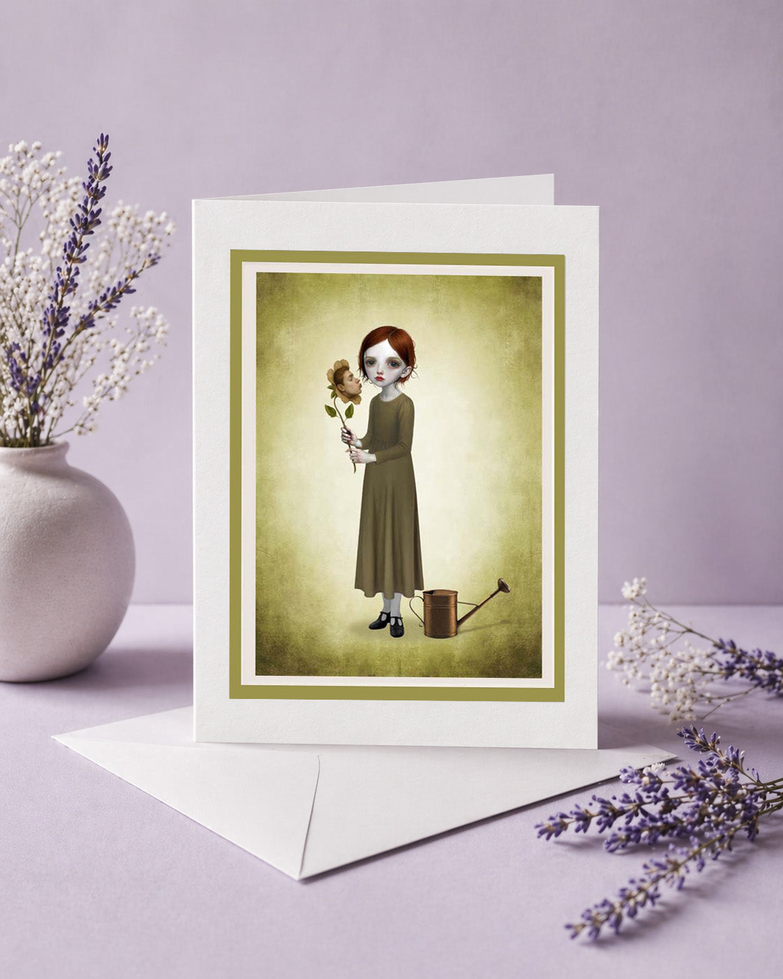 Greeting card with a illustration of a woman holding a flower with a face on a purple background
