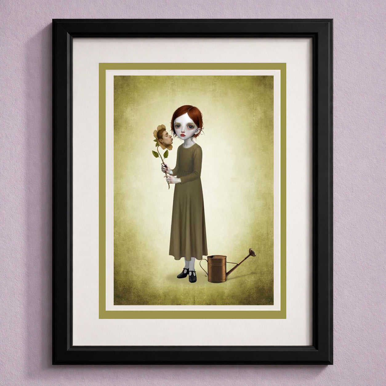 Framed art greeting card of a girl holding a flower with a face on a textured background