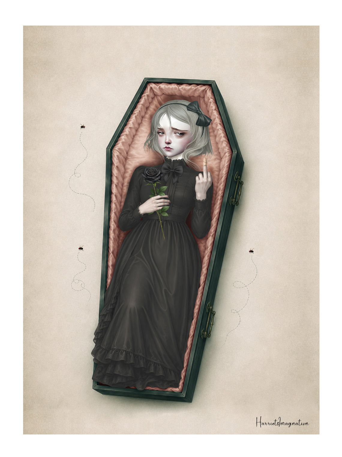 This gothic coffin girl art print blends dark whimsy with surreal style—perfect for your alternative home decor.