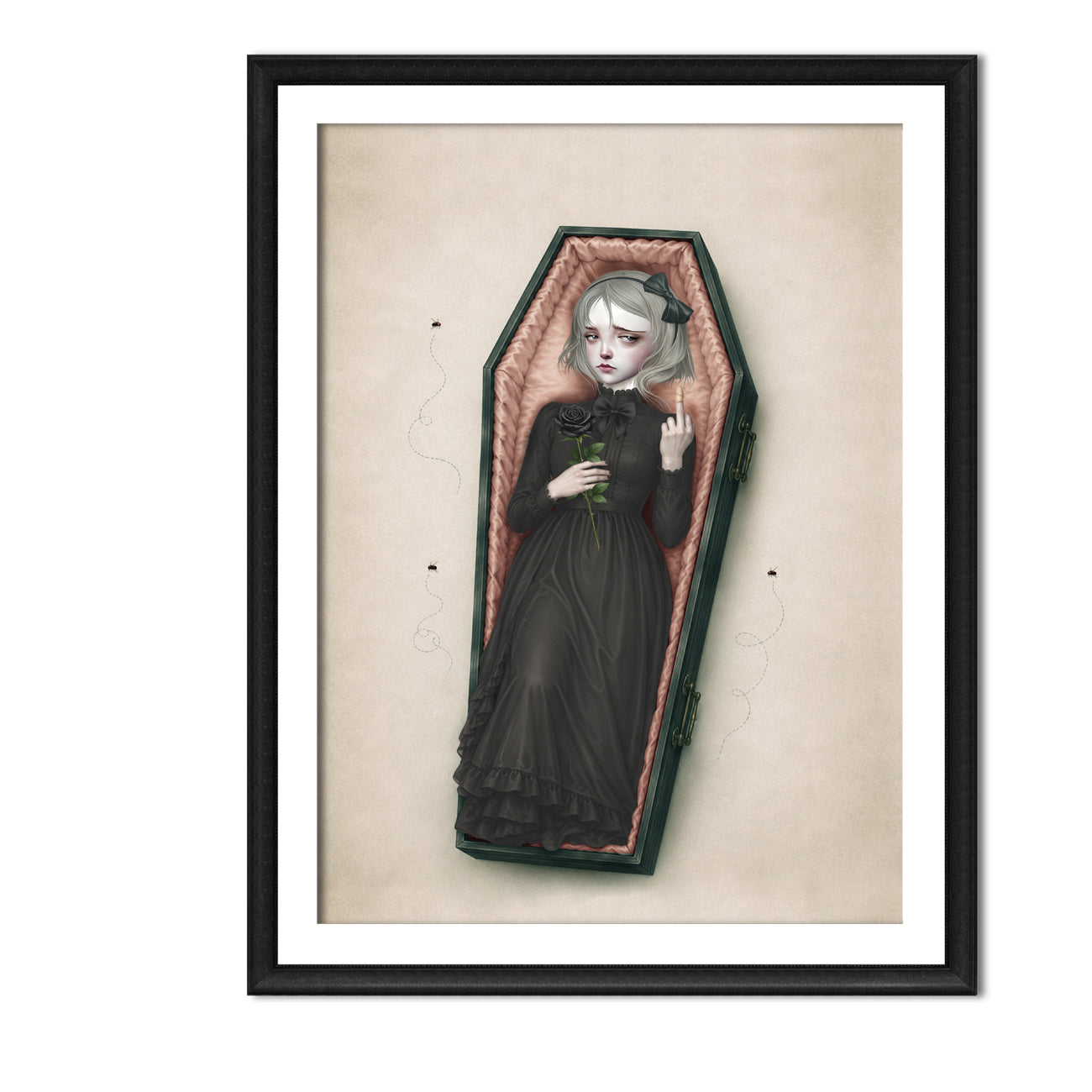 This gothic coffin girl art print displayed inside an A4 frame blends dark whimsy with surreal style—perfect for your alternative home decor. 